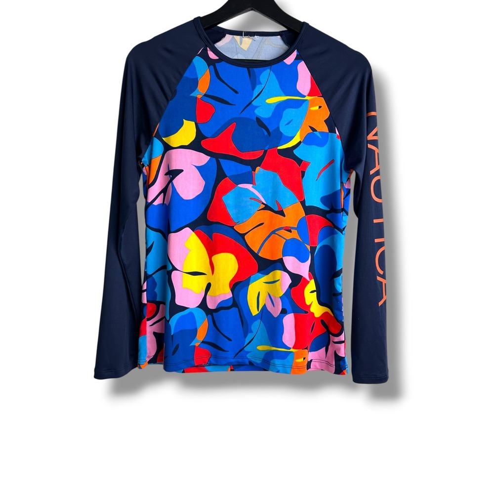 Nautica Rash Guard Women Medium Navy Blue Tropical Leaf Long Sleeve